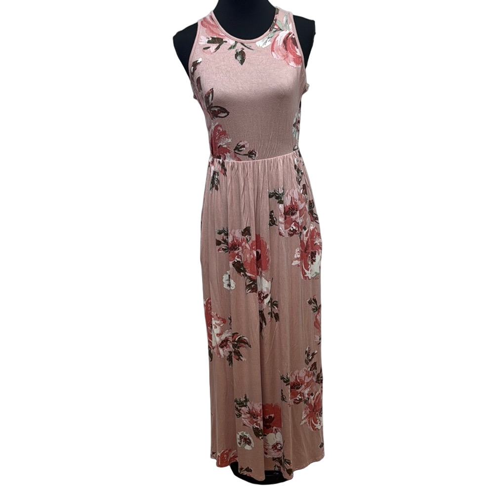 Sweet Lovely Pink Sleeveless Halter Maxi Dress for Prom. Floral Stretch